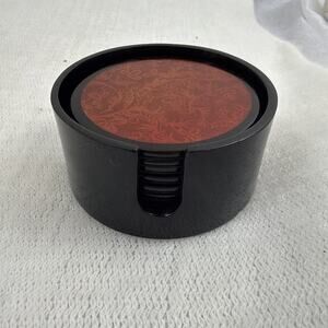 Vintage Occupied Japan Lacquerware Coasters Set 8 Black Red Holder 1945-1952